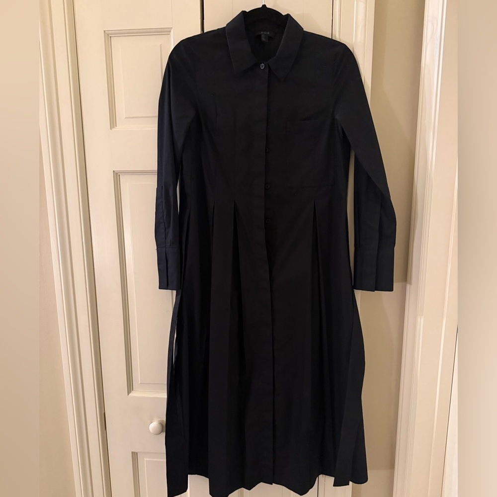 Cos black collared midi dress with pleated skirt and button sides, black, size 2